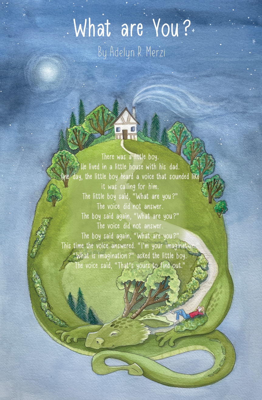A sleeping green dragon curled around a grassy hilltop under a starry night sky, a boy resting against its back — the cover of What are You? by Adelyn R. Merzi, illustrated by Jenn Carson