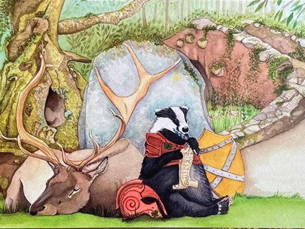A badger in red armor reads a scroll beside a sleeping stag, watercolor by Jenn Carson