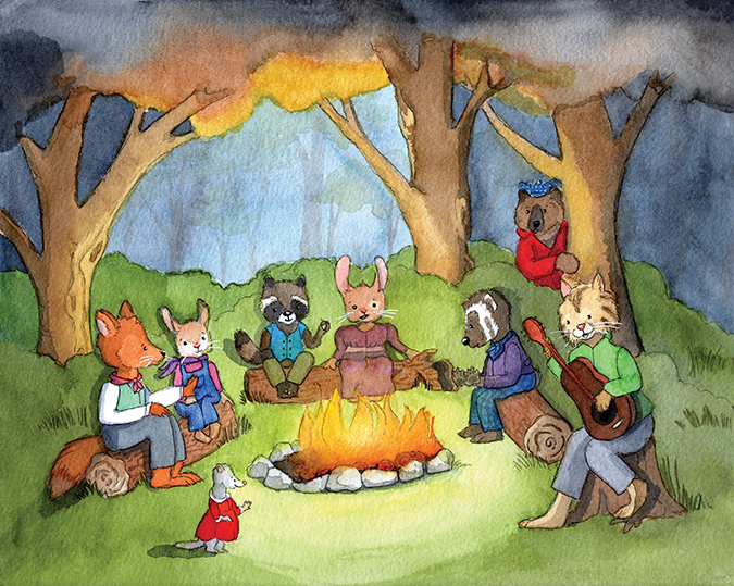 The First Harvest Feast &mdash; the animals of Fox Hollow gathered around a campfire, watercolor by Jenn Carson