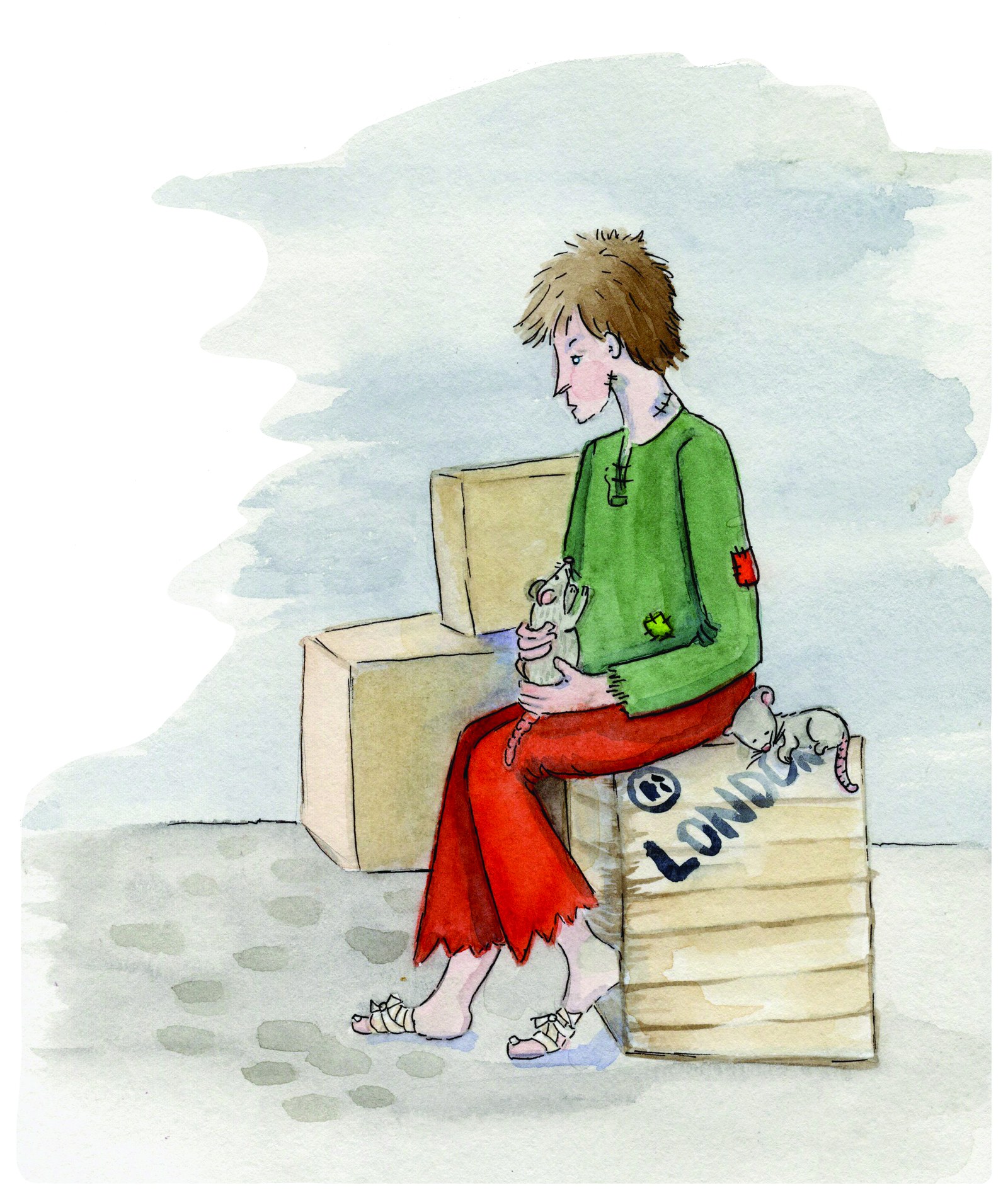 A boy in a patched green jumper and red trousers sitting on packing crates marked London, cradling a mouse while another mouse curls beside him — interior illustration from Frankie, The Talebearer by Jenn Carson