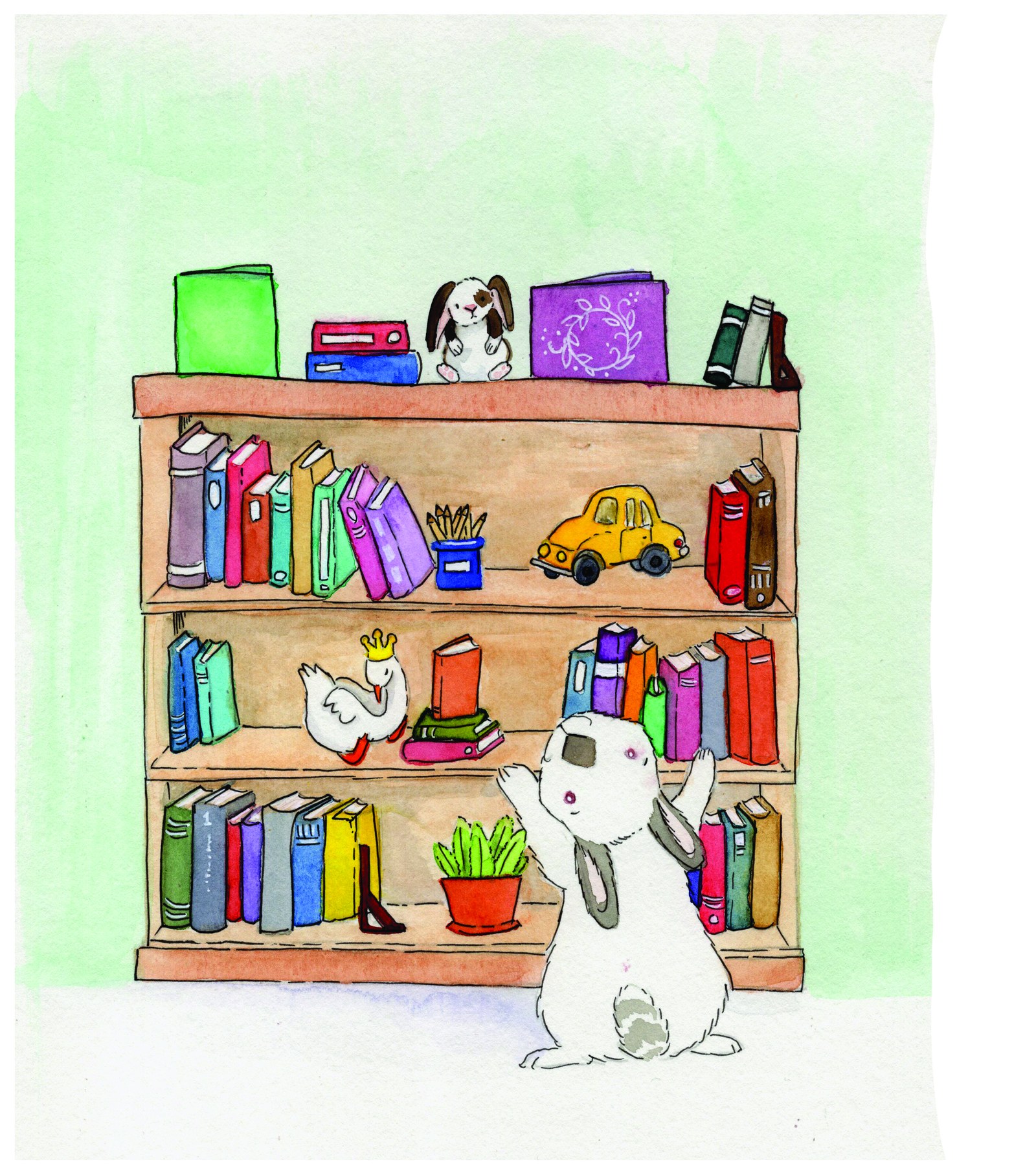 A white rabbit with a grey eye patch reaching up at a bookcase crowded with coloured books, a toy car, a crowned goose and a potted plant — interior illustration from Frankie, The Talebearer by Jenn Carson