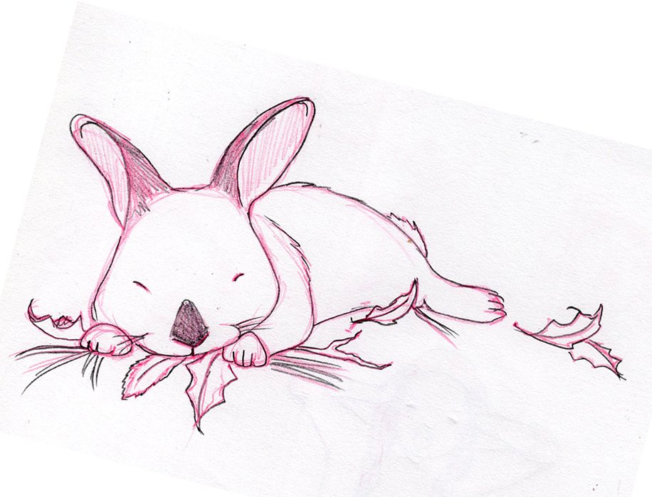 Pencil sketch of a white rabbit lying stretched out among fallen autumn leaves, by Jenn Carson