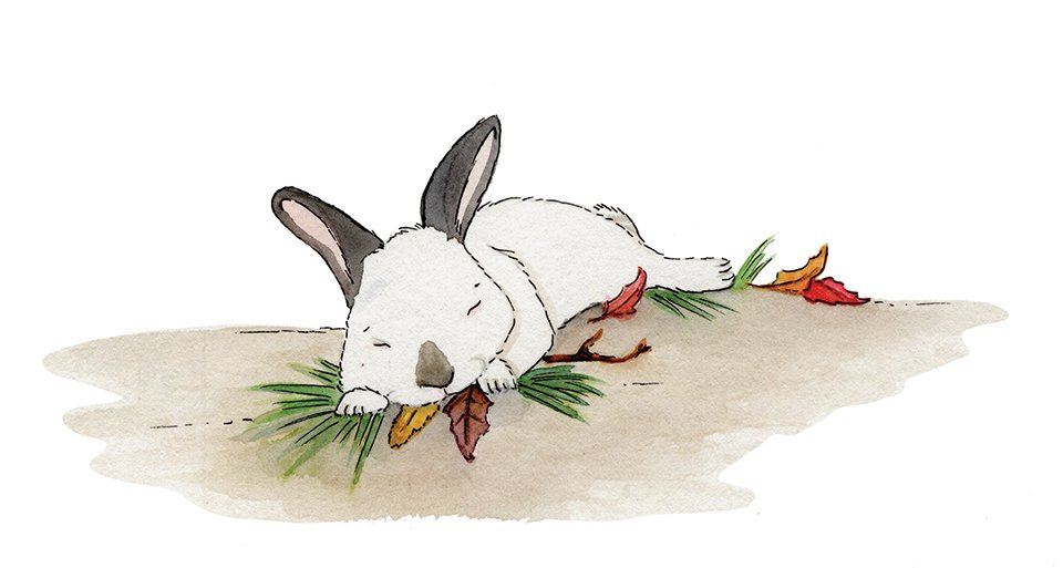 The finished watercolor: a white rabbit lying stretched out among fallen autumn leaves, by Jenn Carson
