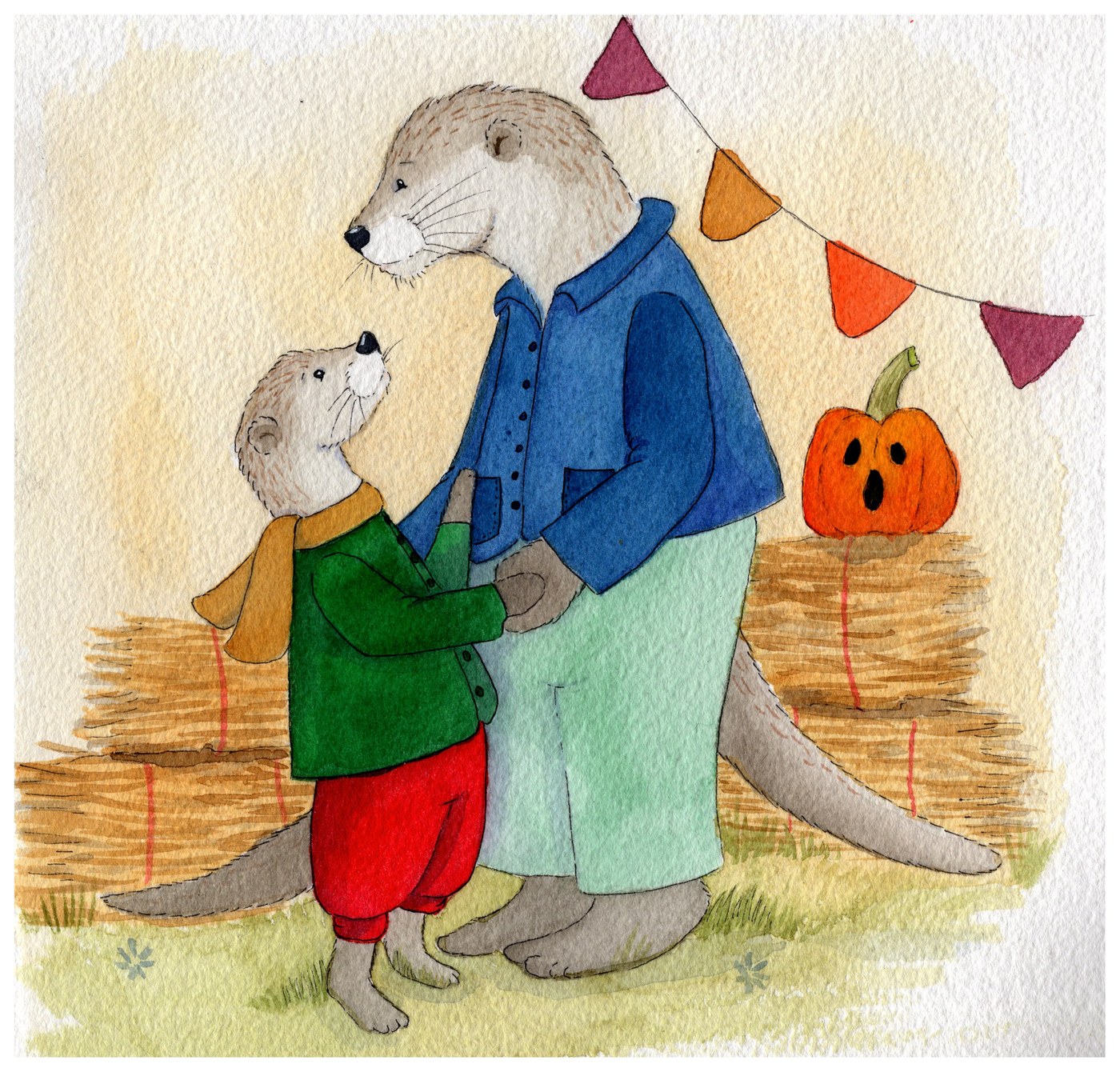 A grown otter in a blue jacket at a harvest festival, a small otter in a green coat holding onto him and looking up at his face, beside hay bales, bunting and a carved pumpkin — watercolor by Jenn Carson