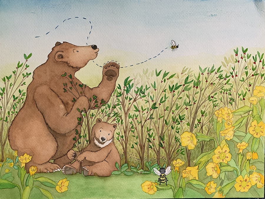 The finished watercolor: a mother bear and her cub in a berry patch, waving a bee away, by Jenn Carson