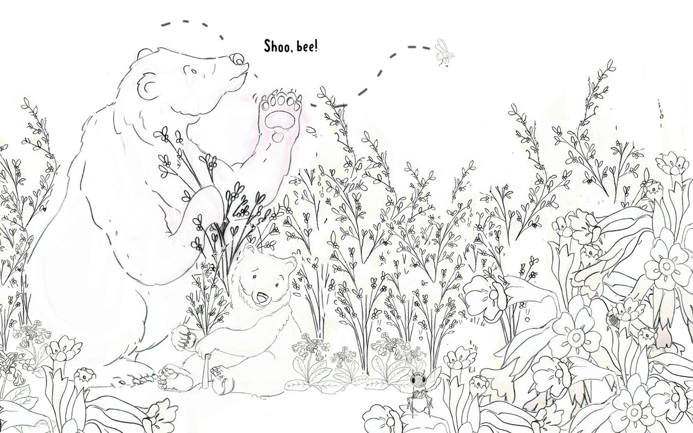 Pencil sketch of a mother bear and her cub in a berry patch, waving a bee away, by Jenn Carson