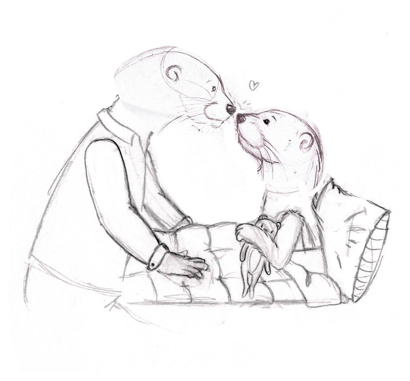 Pencil sketch of an otter father leaning over a bed to touch noses with his daughter, by Jenn Carson