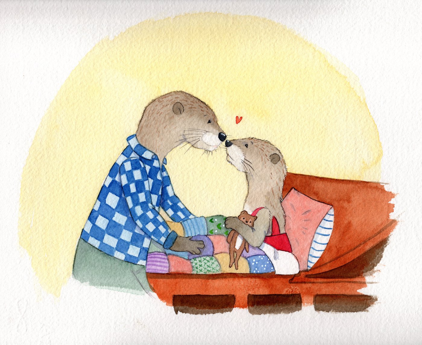 The finished watercolor: an otter father leaning over a bed to touch noses with his daughter, by Jenn Carson