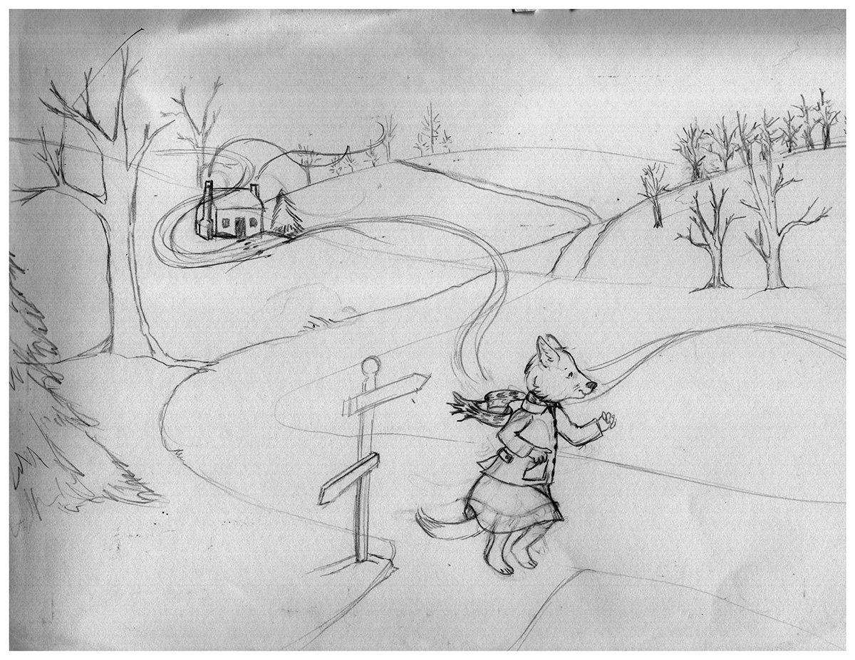 Pencil sketch of a badger in a red coat and blue skirt hurrying along a snowy path past a signpost, by Jenn Carson