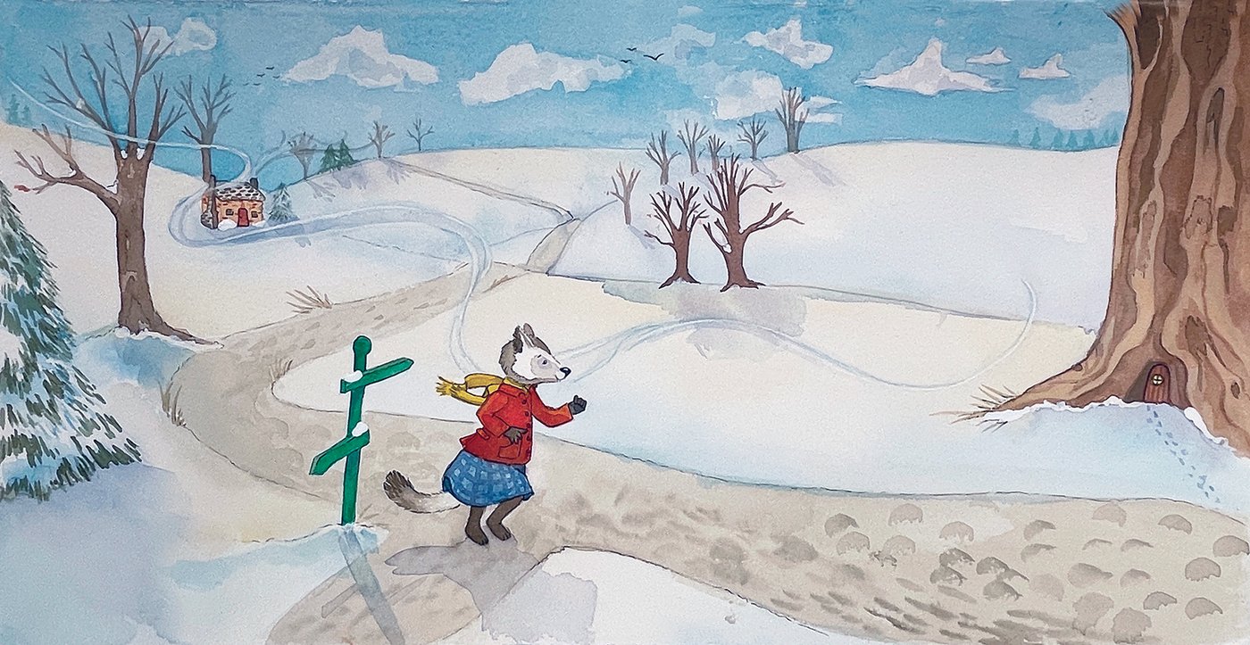 The finished watercolor: a badger in a red coat and blue skirt hurrying along a snowy path past a signpost, by Jenn Carson