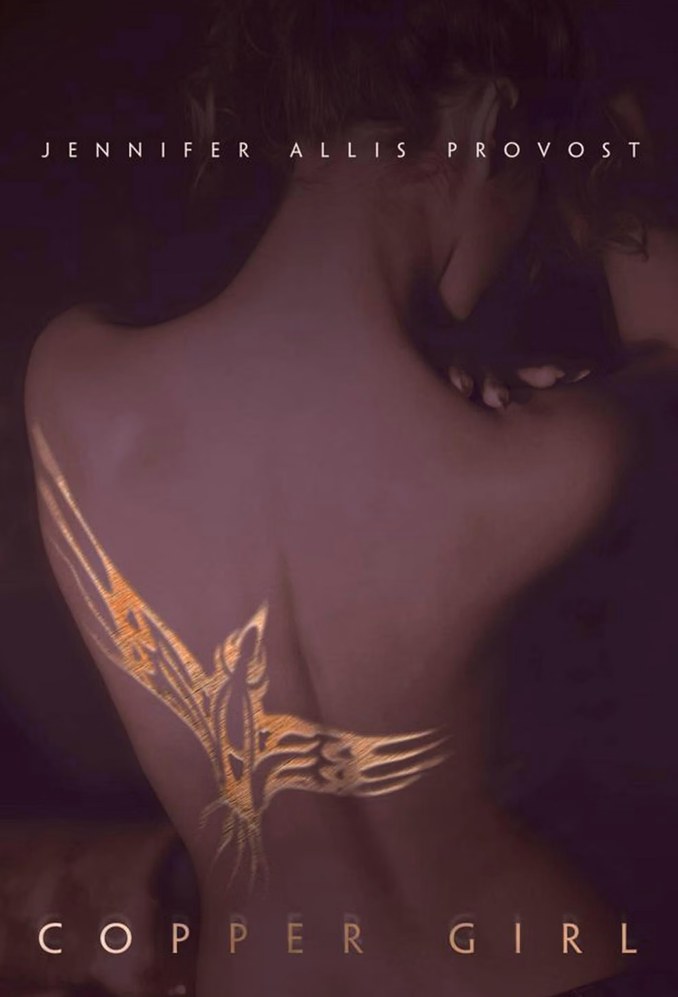 Cover of Copper Girl by Jennifer Allis Provost — a woman seen from behind in dim violet light, a glowing copper design across her shoulder and back