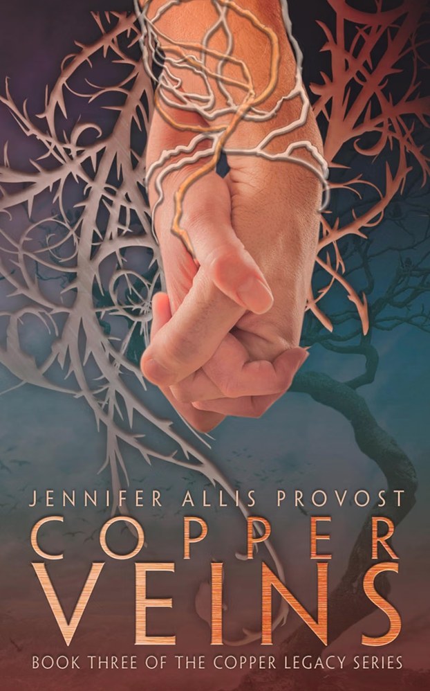Cover of Copper Veins by Jennifer Allis Provost — two clasped hands against pale bare branches, copper lines running under the skin