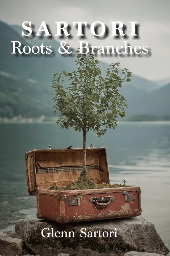 Cover of Sartori: Roots & Branches by Glenn Sartori — a young tree growing out of an old suitcase on a rock beside a lake