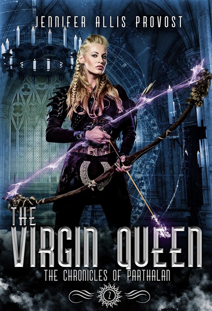 Cover of The Virgin Queen by Jennifer Allis Provost — a fair-haired woman in dark armour drawing a bow crackling with violet light inside a candlelit hall
