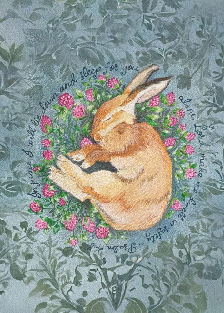 Cover of Guided Scripture Reflection — a watercolour rabbit asleep in a ring of red clover, Psalm 4:8 hand-lettered around it, painted by Jenn Carson